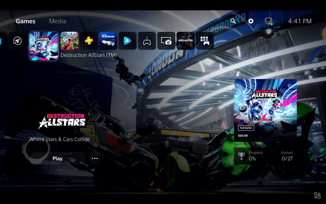 PlayStation 5 home screen with Destruction All Stars game selected